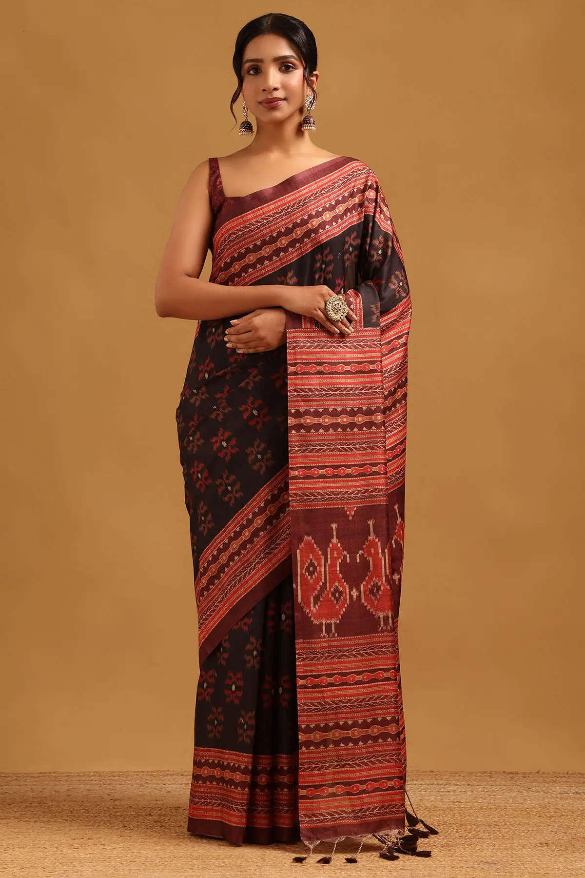 Black Tussar Ikat Printed Saree